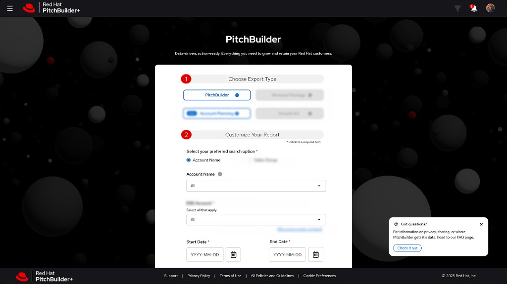 PitchBuilder export flow for choosing a report type and account filters
