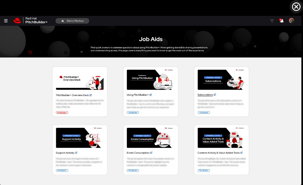 PitchBuilder Job Aids library with how-to cards
